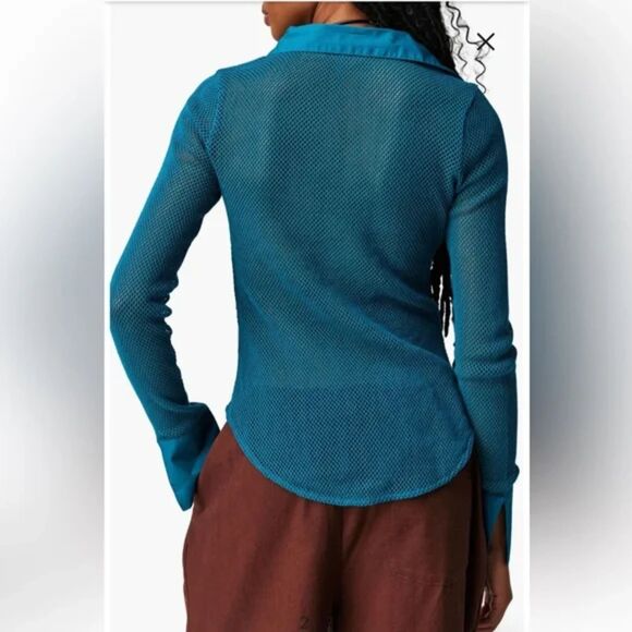 Free People Siggi Button Down Mesh Cotton Shirt Teal Blue Green - Picture 2 of 9